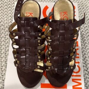 Michael Kors Dark Brown Heeled Sandals with Gold Accents